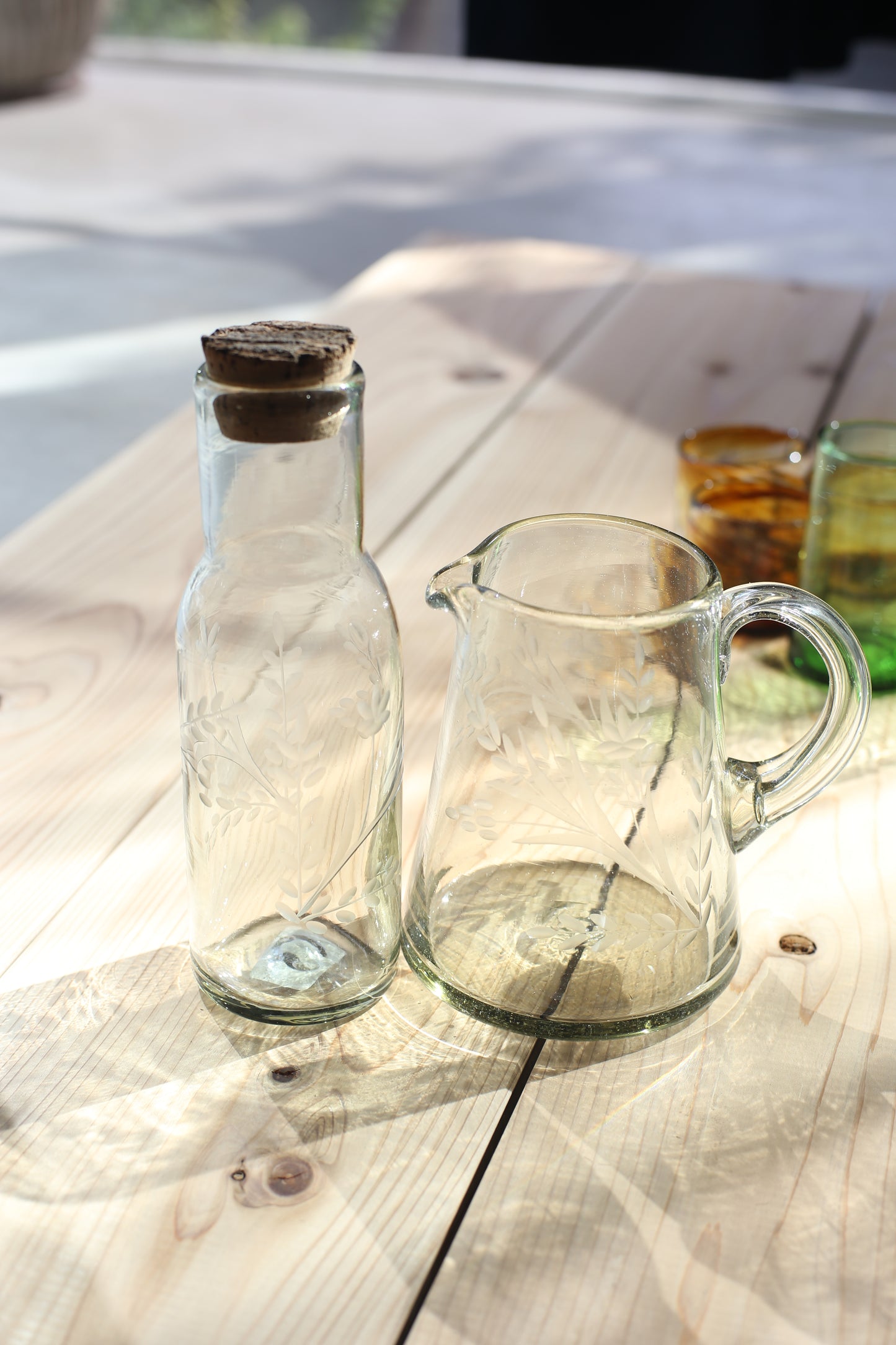 Mexico Handblown Engraved Recycled Glass Carafe