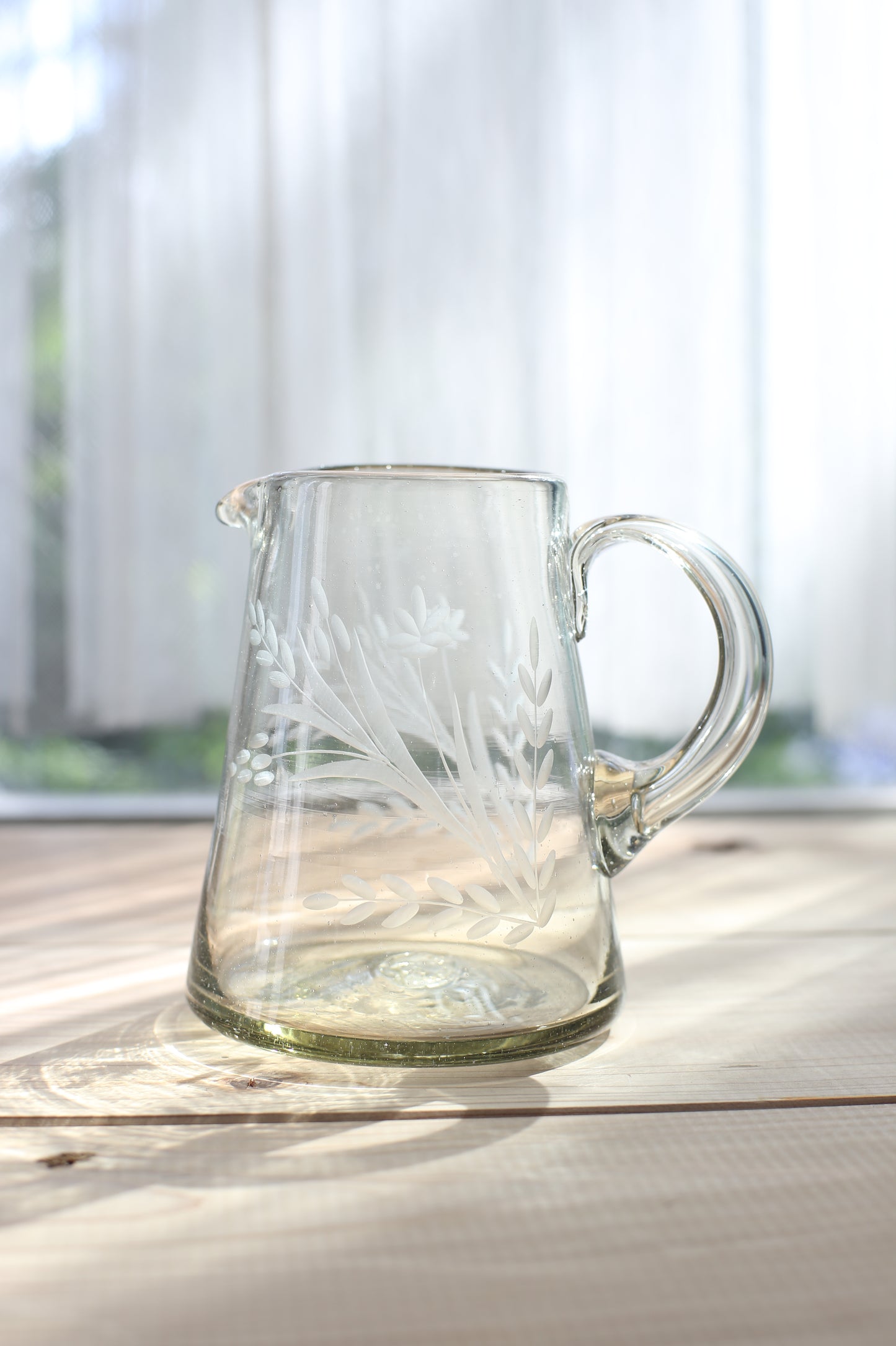 Mexico Handblown Engraved Recycled Glass Pitcher