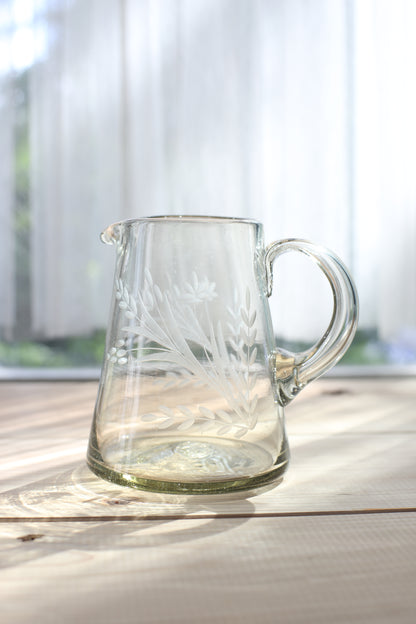 Mexico Handblown Engraved Recycled Glass Pitcher