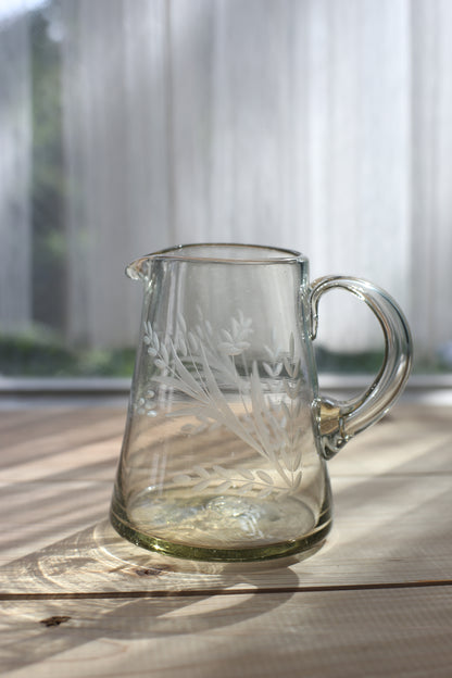 Mexico Handblown Engraved Recycled Glass Pitcher
